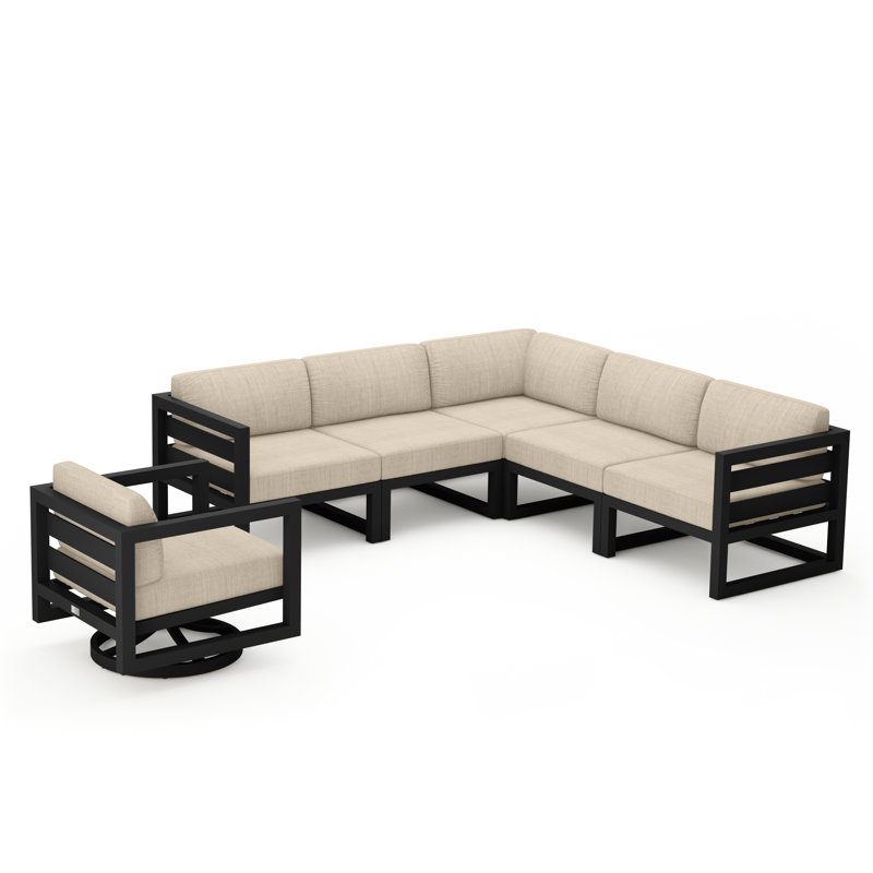 Avion 6 Piece Sectional Set With Swivel, Black, Canvas Flax Sunbrella® Canvas
