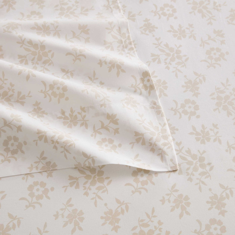 Martha Stewart Cotton Percale  Sheet Set, Queen Sheet Set with 2 Pillowcases, Francesca Stripe Beige