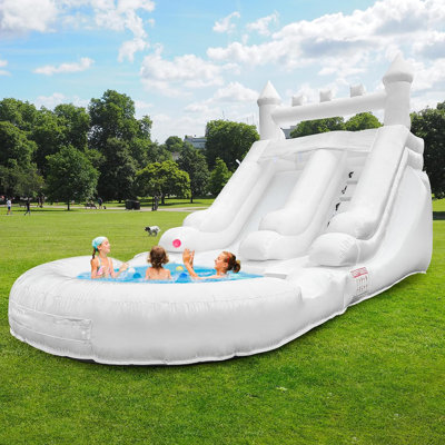 13' x 21' Commercial-Grade White PVC Inflatable Water Slide with Splash Pool & 750W Air Blower for Backyard Parties/Rental