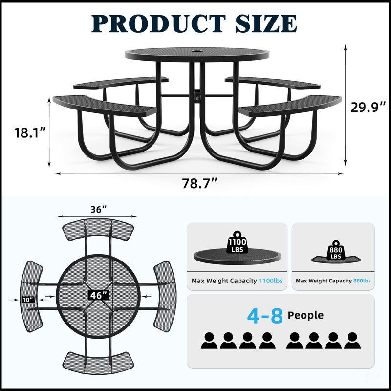 46-Inch Round Picnic Table With Umbrella Hole