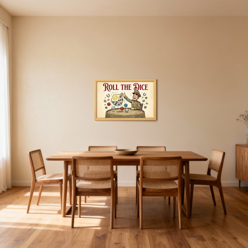 Ensemble de 1 tableau sur toile tendue représentant un militaire vintage avec des dés et des symboles porte-bonheur