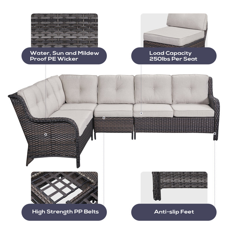 Ensemble de conversation modulaire en rotin 5 pièces avec coussins Tonry, Brun, Beige
