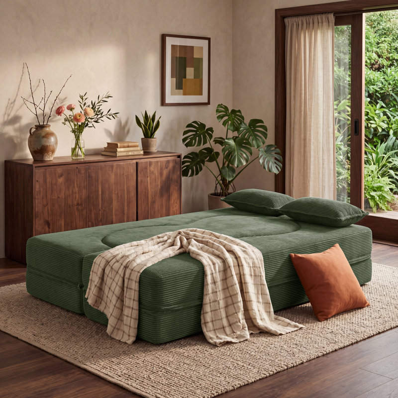 Causeuse convertible 78 po 2 en 1 en flanelle désossée à compression, canapé-lit modulaire pour le salon, aucun assemblage requis, vert