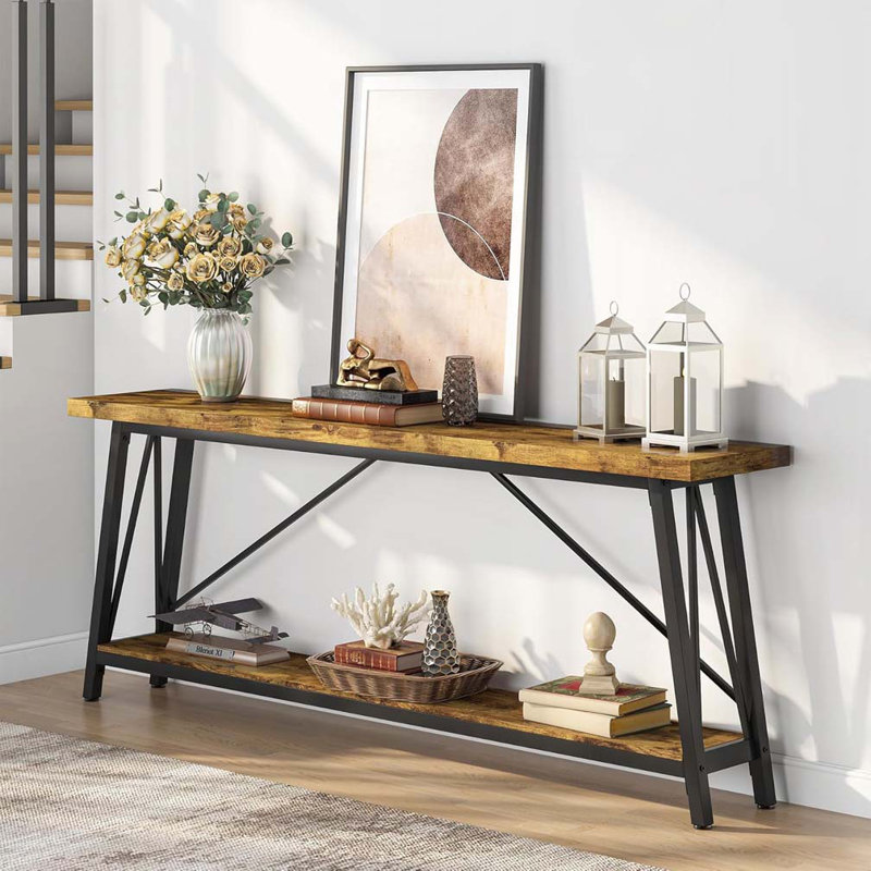 70.9" Extra Long Industrial Console Table, Black/Rustic Brown, Rustic Brown