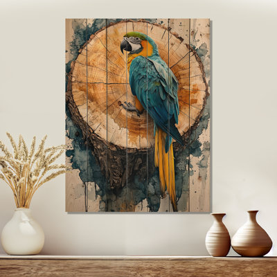 Parrot At Tropical Tree On Slide - Parrot Wood Wall Art - On Natural Pine Wood