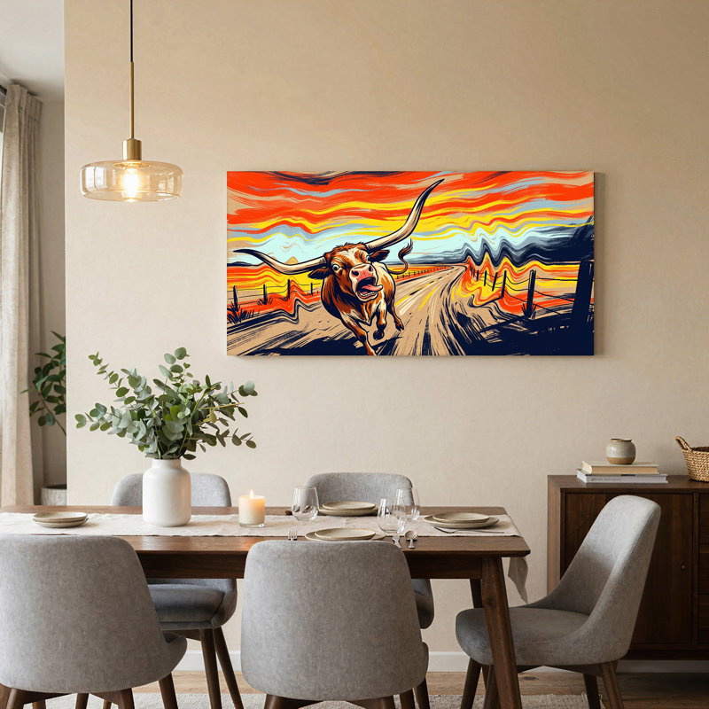 «Run Longhorn vache on Wavy Sunset Road», art mural, L 32 po x H 16 po