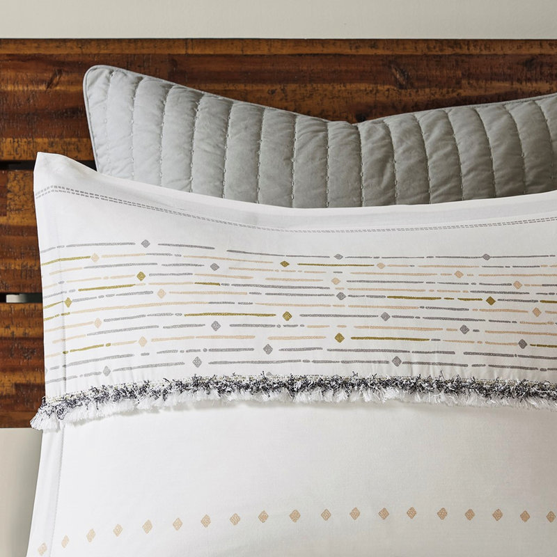 Édredon très grand / très grand en coton gris avec rayures imprimées et pompons 100% coton, blanc / gris, classique