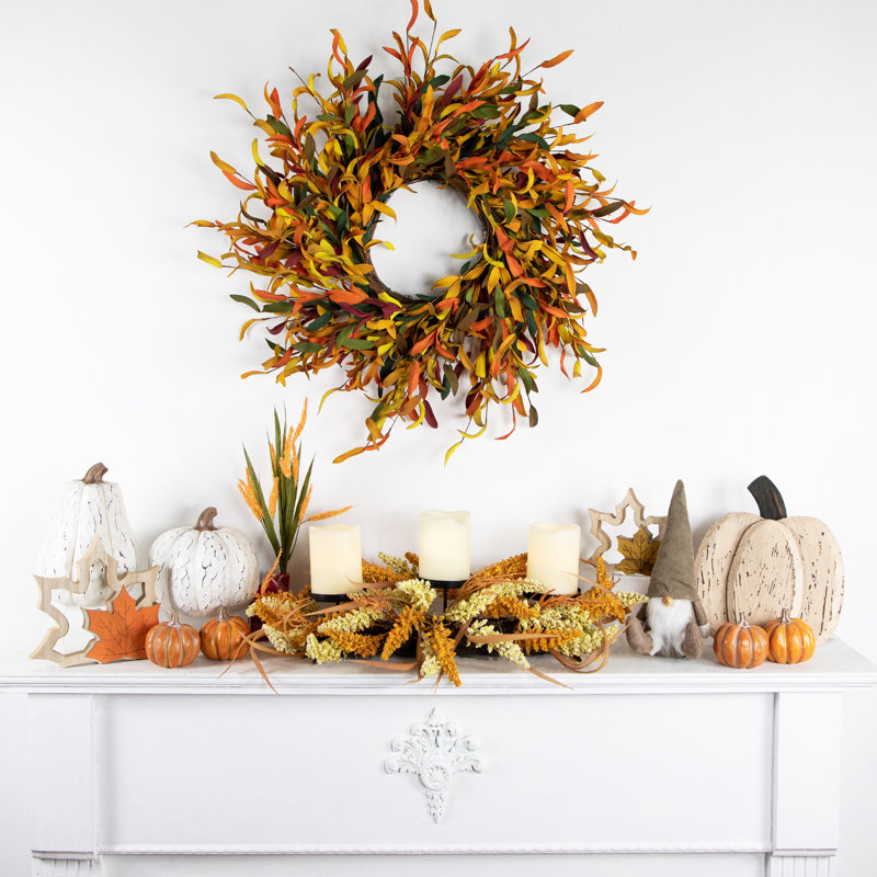 Small White Wooden Fall Harvest Pumpkin Figurine with Green Stem