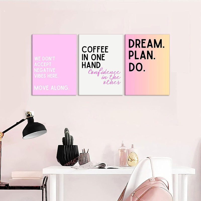 3 pièces d'art mural sur toile de motif féminin inspirant rose, images de décorations de bureau inspirantes que nous n'acceptons pas