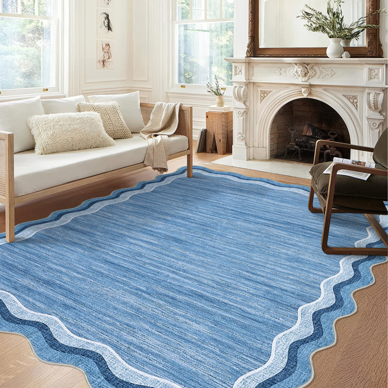 Scalloped Area Rugs Washable Modern Accent Rug, Stain-Resistant Foldable Floor Mat with Non-Slip Backing, Contemporary Low Pile Indoor Carpet for Bedroom, Living Room