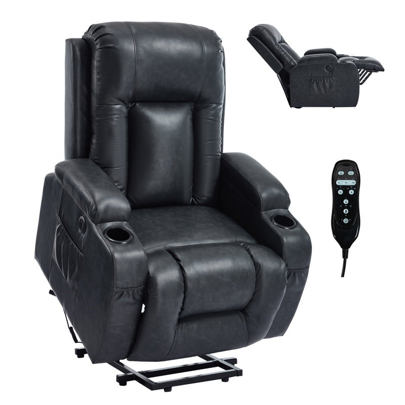 PU Linfinite Position Up To 350 LBS Power Lift Recliner Chair For Elderly, Heavy Duty Motion Mechanism With 8-Point Vibration Massage And Lumbar Heating, USB Charging Port, Cup Holders