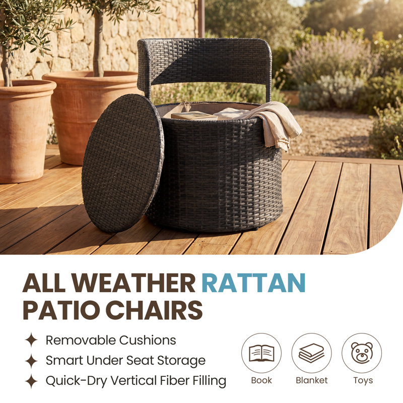 Cambelle 3-Piece Outdoor Rattan Conversation Set with Cushions – 2 Open Storage Chairs + Round Coffee Table, Gray