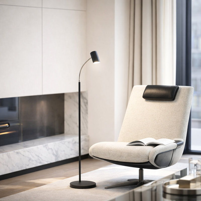 Lampe sur pied Thea, Noir satiné / chrome, Noir satiné