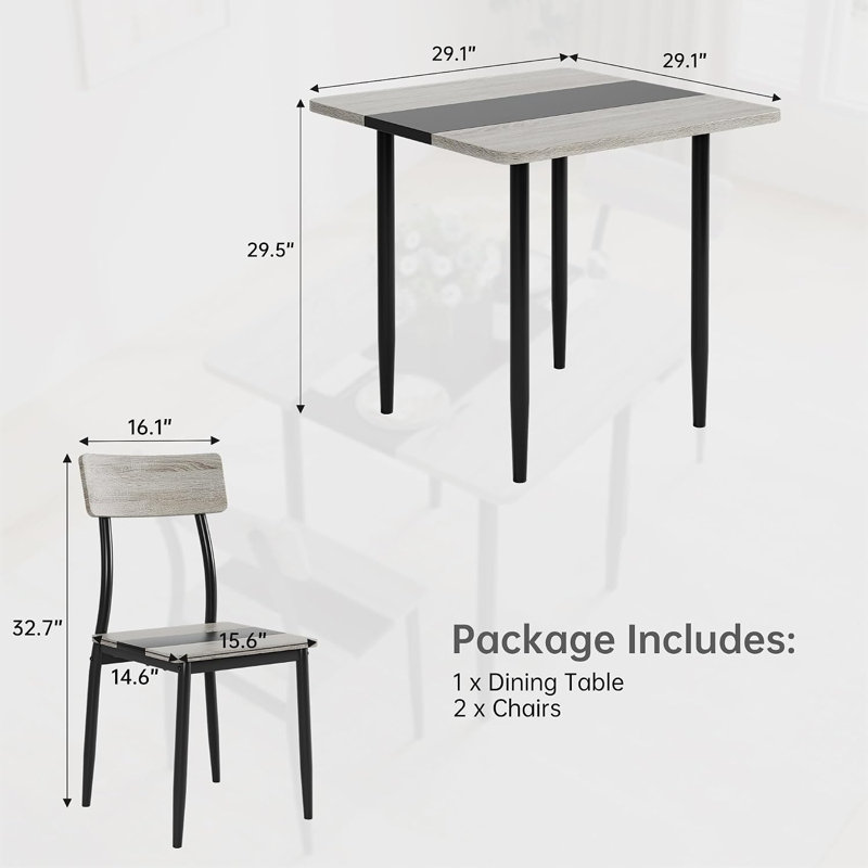 Ensemble table et chaises de salle à manger 3 pièces pour 2 personnes, structure en métal et plateau en MDF, plateau bicolore gris et noir.