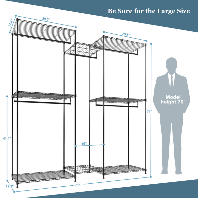 Ahlstrom 77" H Clothes Rack Load 835LBS,Garment Closet with Wire Shelf for Bedroom, Black