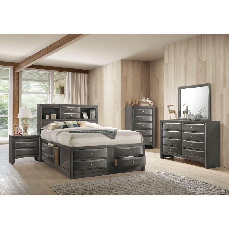 Transitional Gray Oak Queen Bed with Bookcase and Storage Drawers