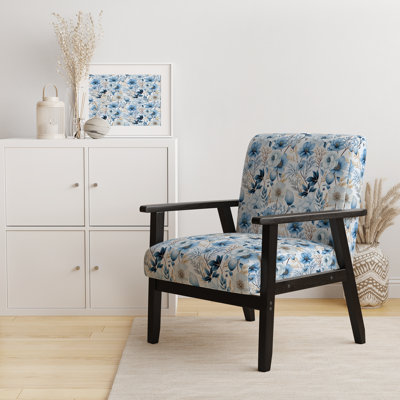 Fauteuil d'appoint rembourré en velours arctique bleu et blanc motif botanique II