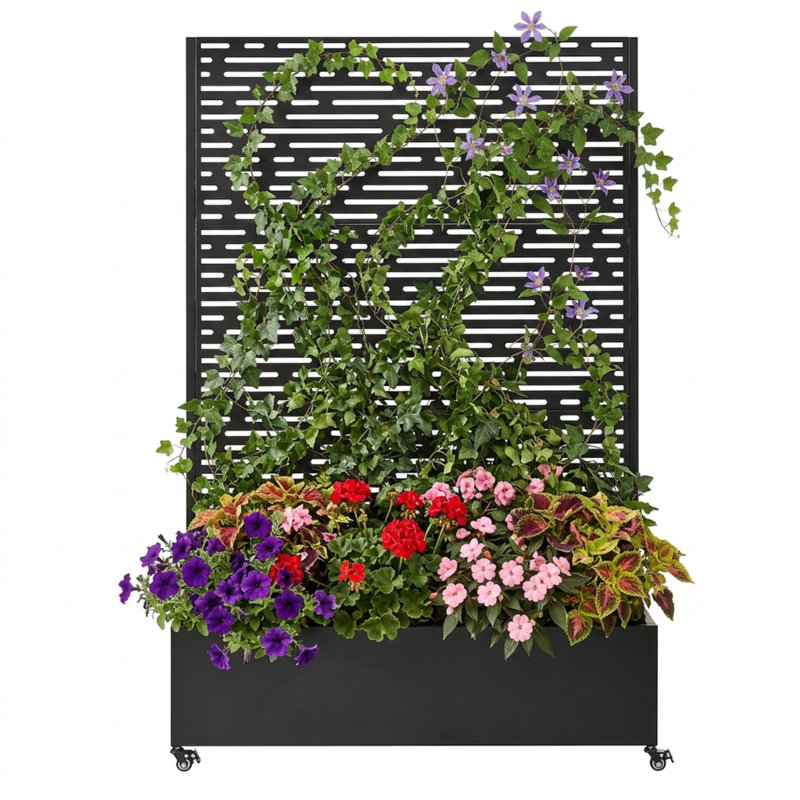 Lit de jardin surélevé en métal avec roues et treillis, boîte à fleurs haute de 73 po avec écran d'intimité, noir