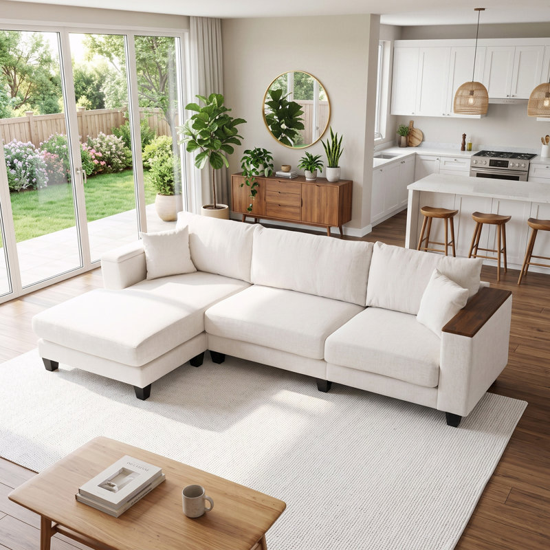 Canapé d'angle en L, sofa surdimensionné avec méridienne réversible, mobilier moderne pour salon, Tissu beige