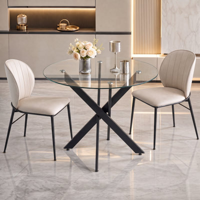 35.43" Modern Round Tempered Glass Dining Table with X-Cross Metal Base