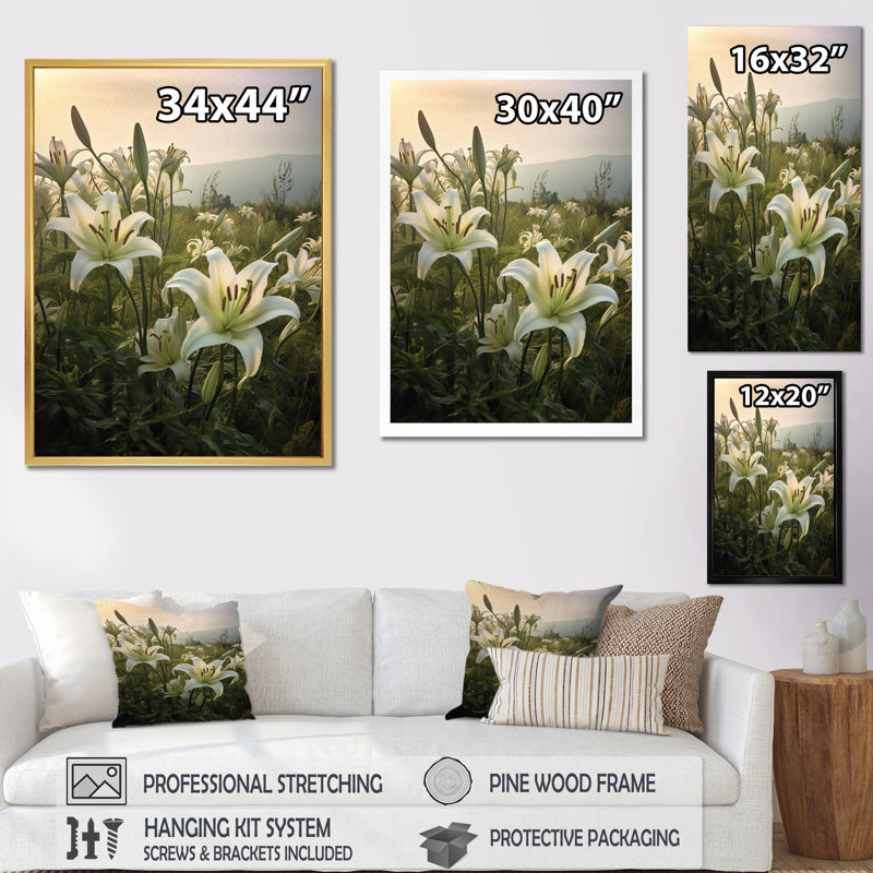 Jardin de champs de lys blancs sur toile, H 32 po x l 24 po x P 1 po, Cadre simple noir