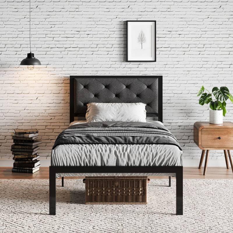 Katri Upholstered Metal Platform Bed, Twin, Dark Gray