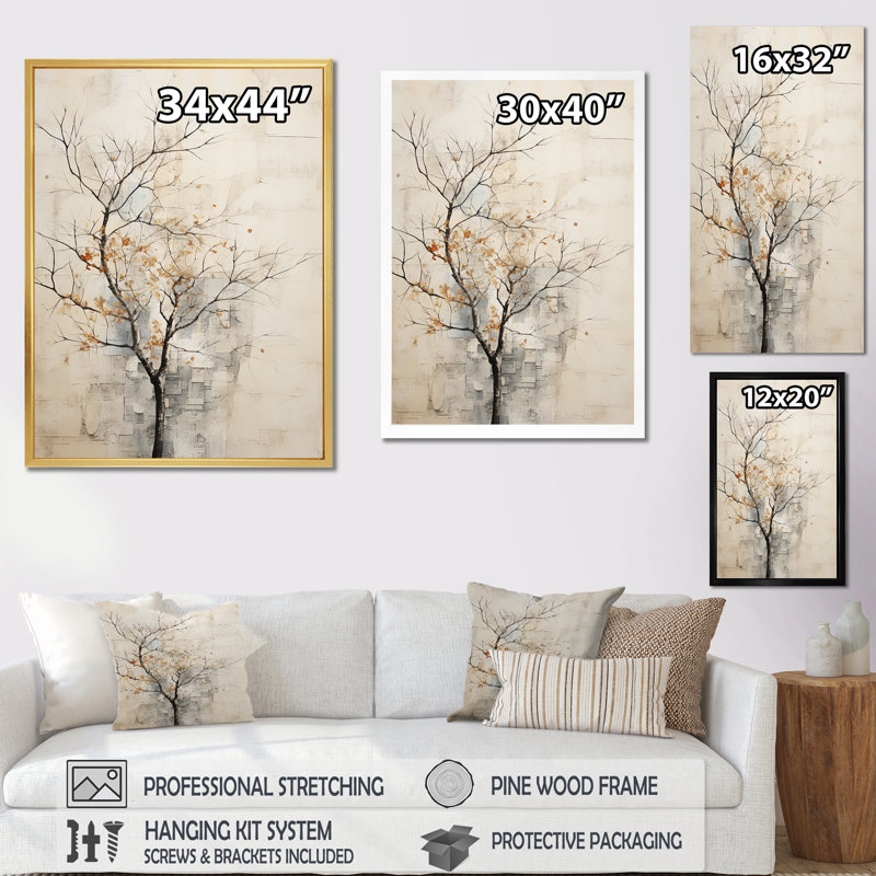 Minimalisme, érable beige sur fond mélodique IV sur toile, Cadre flottant blanc, H 20 po x l 12 po x P 1 po