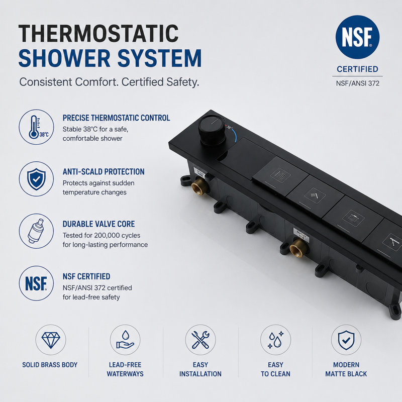 bojet Thermostatic Shower System with Digital Temperature Display 4-Function Push-Button Rain Shower Combo with Body Jet Wall Mounted Bathroom Faucet Set
