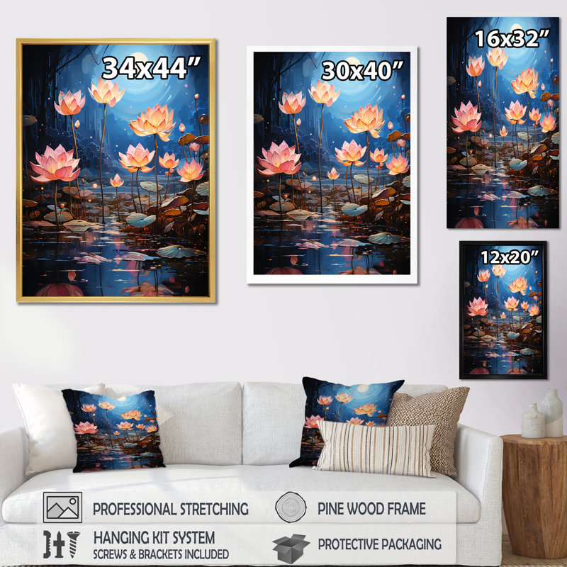 Fleur de lotus entre les blocs de Lilly II sur toile, H 44 po x l 34 po x P 1,5 po, Cadre flottant noir