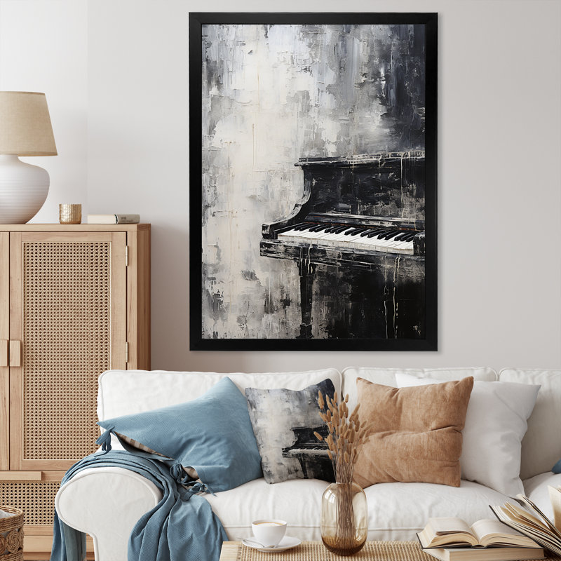 Minimalisme, piano, minuit, noir et blanc I - musique sur toile, piano, Cadre simple noir, H 40 po x l 30 po x P 1,5 po