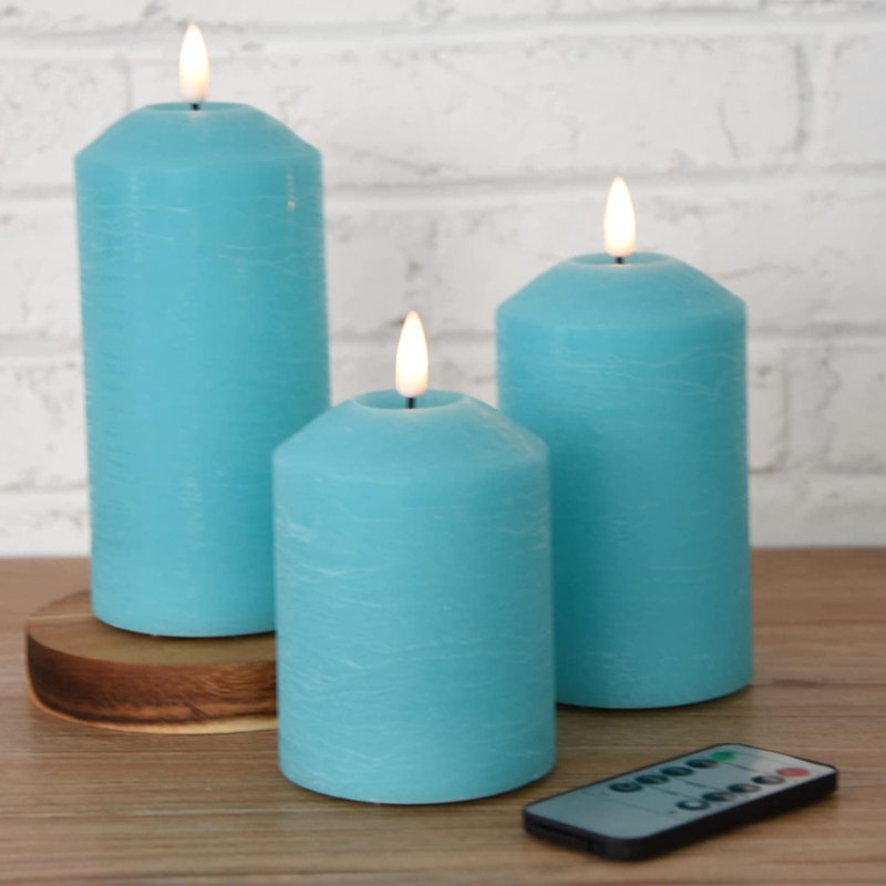 3 Pack Turquoise Blue Flameless Pillar Candles with Remote: Real Wax, Flickering LED, Battery-Operated, Blue