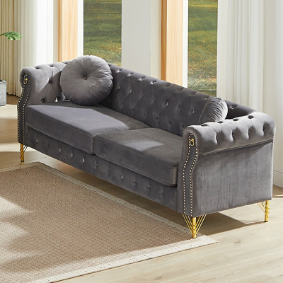 Velvet Chesterfield Sofa 82" With Copper Studs, Tufted Buttons, Metal Legs And 2 Round Pillows