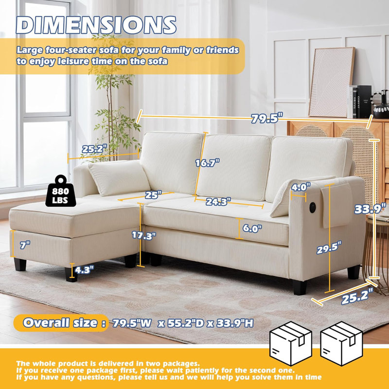 Modular Sectional Sofa Couch, 80" L Shaped Convertible Sofa with 2 Pockets & USB Ports for Living Room, Apartment, Small Space