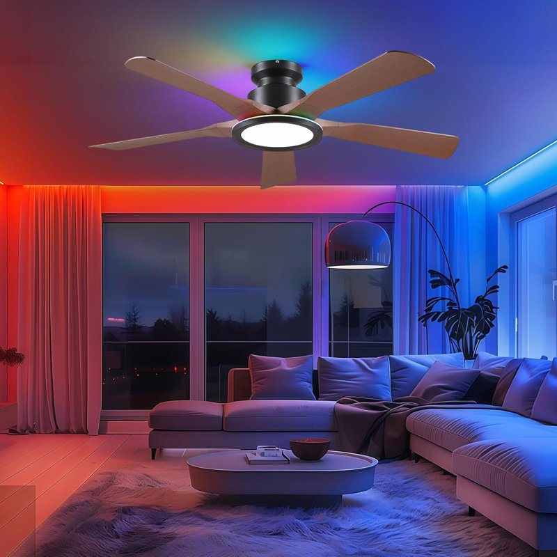 Ventilateur de plafond encastré 52 "avec lumière annulaire RVB, Brun