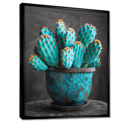 Turquoise gris, photo monochrome de cactus dans un vase - art mural de cactus floral, salon