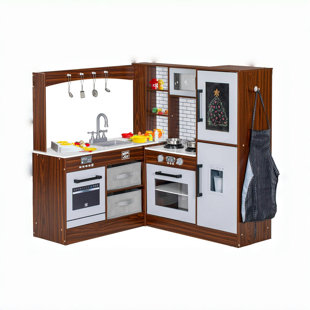 Corner Play Kitchen For Kids, Wooden Pretend Toy Kitchen Playset