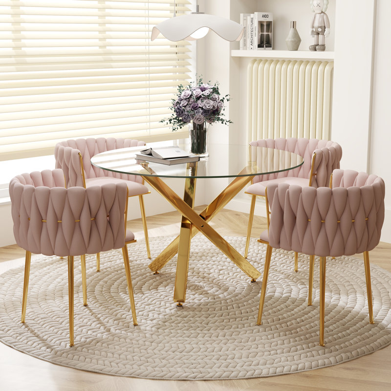 Ayron Round Restaurant Dining Set, Clear Dining Table with Cross Legs with Velvet Dininig Chair for Small Space and Dining Room