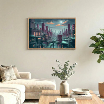 «Rainy Night City Skyline with Moon and Trains», art mural sur toile