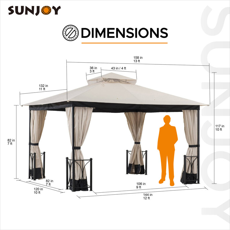 Sunjoy 11 x 13 ft. Gazebo with 2-Tier Hip Canopy Roof, Steel Frame Soft top Gazebo with Curtain and Mosquito Netting