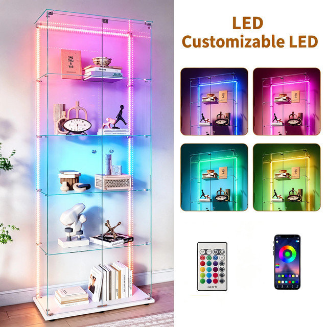 5‑Tiers Glass Display Cabinet with Lighting, White, RGB LED Strip