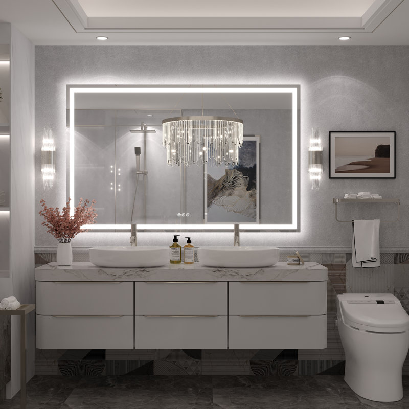 Molly Framelss or Framed LED Anti-Fog Tempered Glass Wall Bathroom Vanity Mirror - UL Certified, 57" x 36", Clear