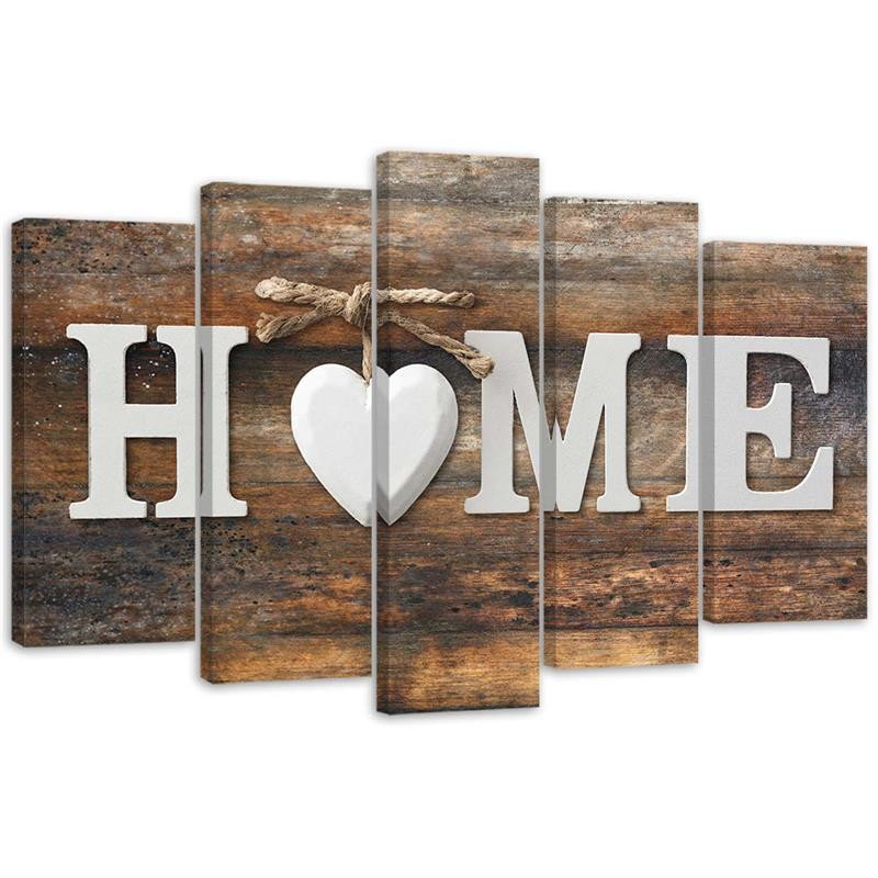 Home Heart Brown Retro - 5 Piece Wrapped Canvas Set, 100cm H x 200cm W
