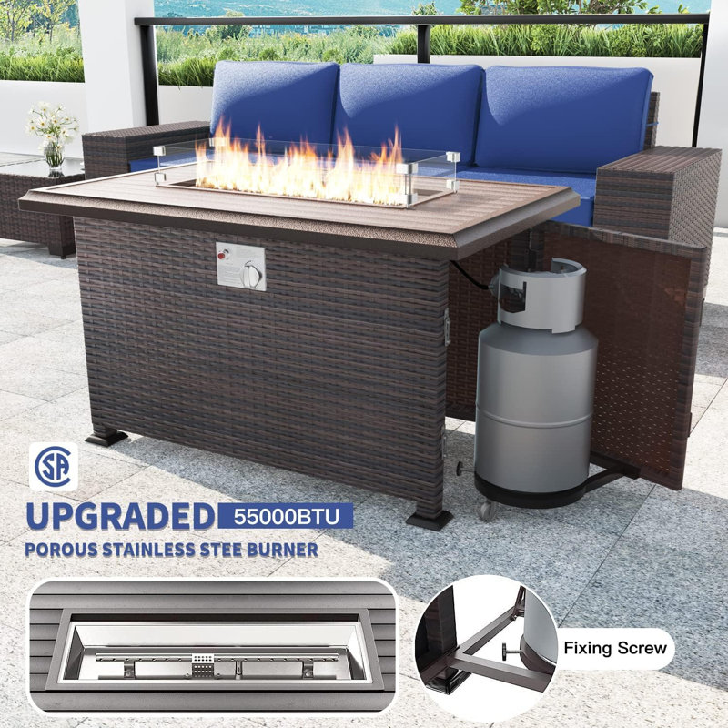 7-Piece Wicker Patio Conversation Set With Cushions,Coffee Table And Outdoor Fire Pit Table With Aluminum Top, PE Rattan Base, And  White Glass Wind Guard