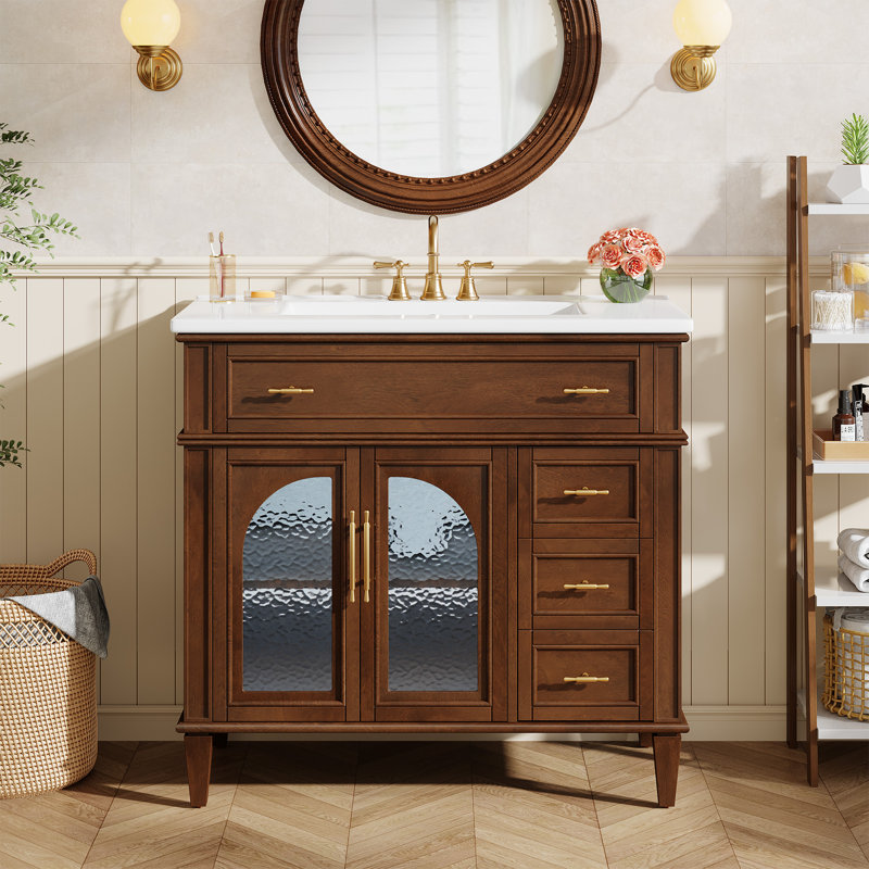 Meuble-lavabo de 91 cm avec lavabo en céramique, Marron foncé