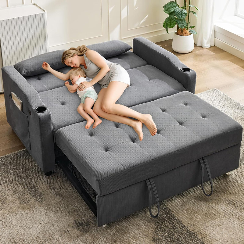Canapé-lit convertible 3 en 1 avec lit escamotable, futon en velours côtelé avec dossier réglable, port de chargement et poche latérale pour le salon ou la chambre d'amis