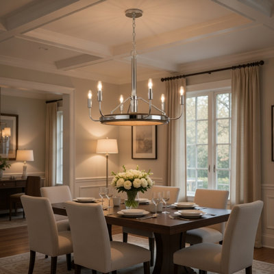 6-Light Candelabra Chandelier with LED, Chrome and Oak Wood, 26 Inch