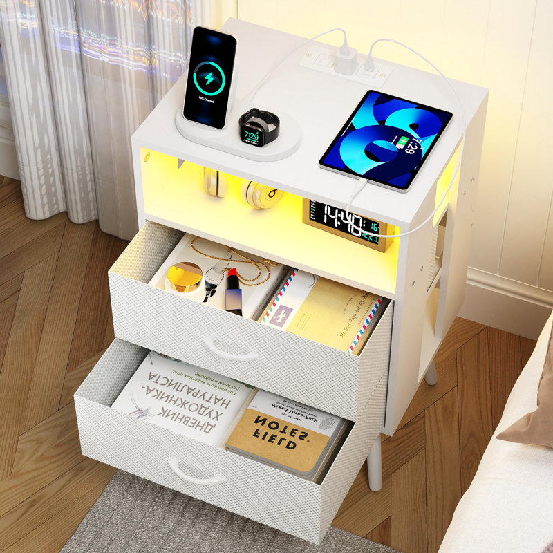 Tables de chevet modernes (ensemble de 2) avec station de charge, lumière DEL et tiroirs en tissu | Idée de cadeau, Blanc