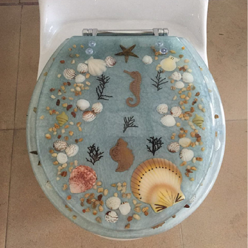 17” toilet seat with sea treasures motif, Aigue-marine
