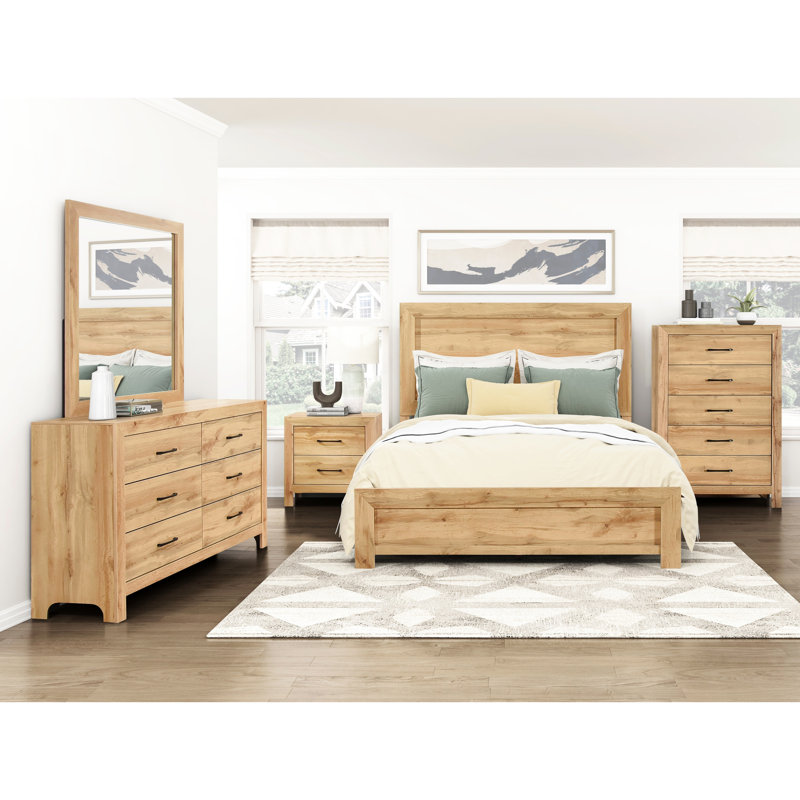 Cadre de lit double avec tête de lit et rails, finition naturelle, panneau de qualité rustique pour chambre à coucher, stratifié