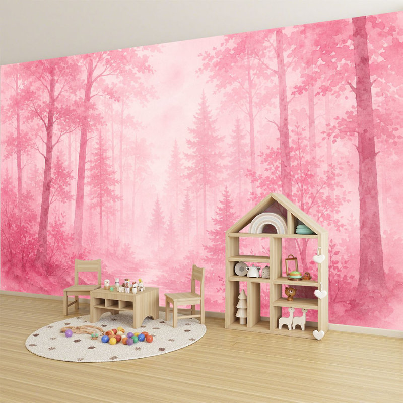 Papier peint auto-adhésif Peel and Stick, aquarelle rose, paysage de forêt, grands arbres, subtile brume, H 69 po x l 96 po pour chambre à coucher